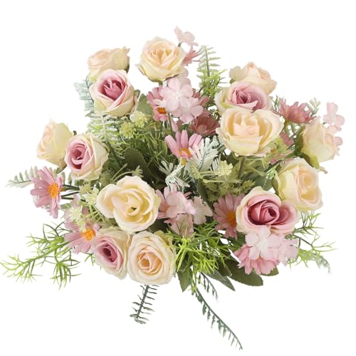 Artificial Flowers Fake Rose Bouquet 3 Pack Artificial Flowers Bouquet Plastic Flower Arrangements Wedding Decoration Table Centerpieces(Purple) - color: Purple