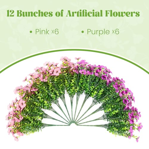 Ammyoo Artificial Fake Plants Flowers for Outdoor Spring Decor, 12 Bundles Faux Silk Mums for Planter Pot Colorful UV Resistant Look Real for Front Door Porch Patio Outside Yard(Purple Pink) - color: Purple Pink