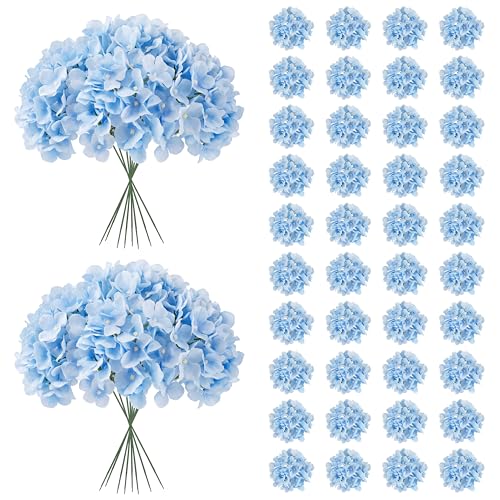 JPSOR 40pcs Artificial Hydrangea Silk Flower Heads with Stems, Fake Flowers for Wedding Centerpiece Home Garden Party Decoration (Blue) - color: Blue