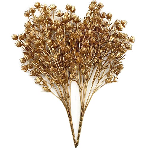 PASYOU Fake Plants Decoration for Christmas, Artificial Flowers Golden Plastic Leaves Grass Faux Outdoor Indoor Home Garden Party Room Bedroom Office Wedding Table Centerpiece DIY Decor, Gold 2 Pack - color: Gold Babys Breath - 2 Pack