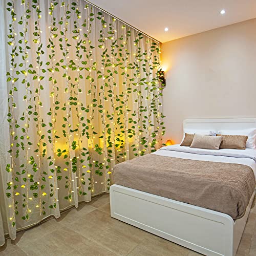 Unittype 15 Pcs 6.6 ft 300 LED Fake Ivy Vines with Lights for Bedroom String Fairy Light Curtain Artificial Hanging Vines Plant Garland with Light for Wall Outdoor Indoor Decor(Ivy Leaf) - style: Ivy Leaf