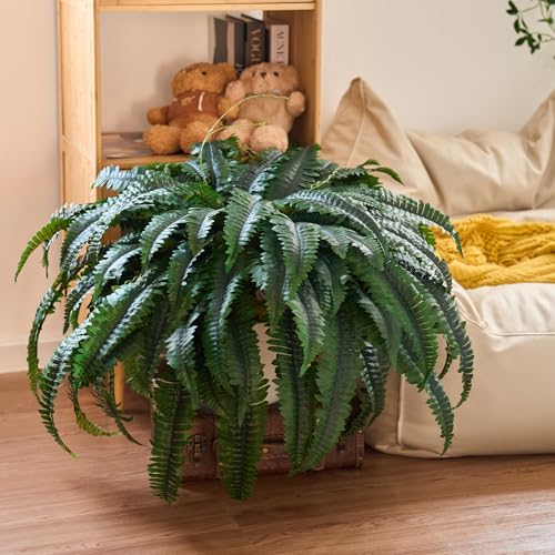 2 PCS Artificial Ferns for Outdoors, 50" Fake Ferns Artificial Plants Large Realistic Boston Ferns Artificial Plants Outdoor with 96 Fronds & Ground Spike for Porch Garden Home Office Decor - size: 2 Pack