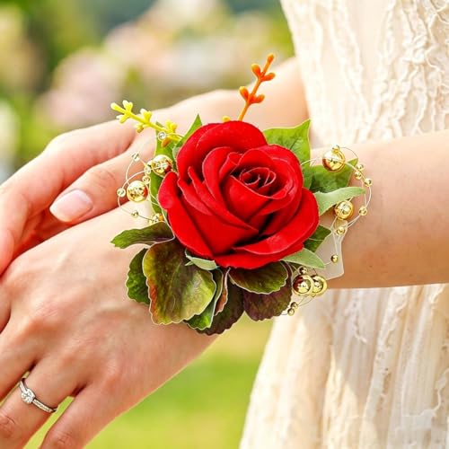Rose Wrist Corsage Prom Corsages Wristlet Bridal Hand Flower for Women and Girls (Red) - color: Red