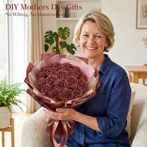 MACTING Mothers Day Flowers 30PCS Artificial Glitter Roses Real Touch Red Flowers with Stem Foam Roses for Wedding Bouquet Table Centerpieces Party Wreath Home Spring Graduation Decorations - color: Glitter Dark Red, size: 30PCS