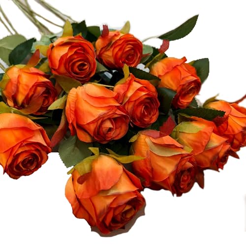 Artificial Roses 10 Pcs - Lifelike Single Stem Fake Roses with Natural Petal Texture,Fade-Resistant Silk Flowers for Wedding Decor,Home Vase Arrangements,Party Centerpieces(10, Red - Orange) - color: Red - Orange