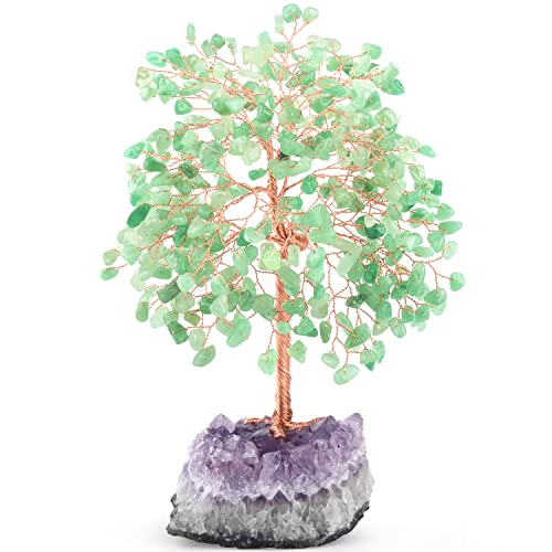 Crystal Tree of Life,Natural Green Aventurine (406 Beads Count) Amethyst Cluster Base, Positive Energy Feng Shui Gem Bonsai Money Tree Good Luck,Gift Size 8.5-9 Inches - color: Aventurine With Amethyst Cluster Base