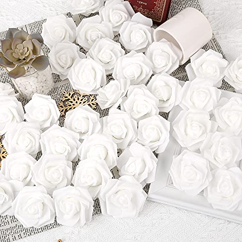 Artificial Rose Flower Heads, 100pcs White Foam Roses Artificial Flower Heads Fake Rose for DIY Wedding Bouquets Centerpieces Arrangements Party Baby Shower Home Decor (Stemless,White) - color: White, size: 100PCS