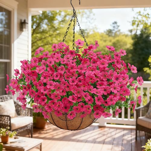 Artificial Fake Hanging Plants Flowers Basket Outdoors Outside Summer Decoration,Hanging Planters with Faux Silk Flowers Realistic UV Resistant for Home Indoor Porch Front Patio Balcony Garden Fuchsia - color: Fuchsia