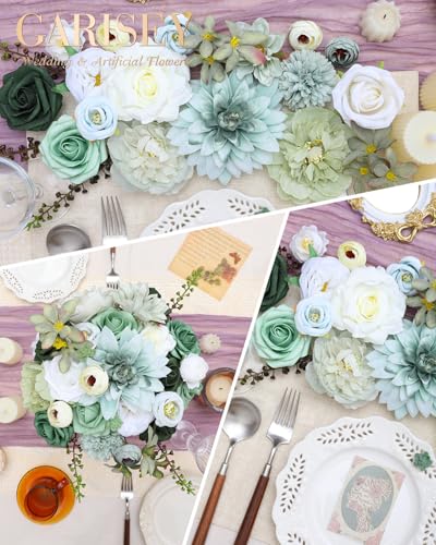 Garisey Artificial Flowers Combo, Mix Silk Flowers Roses, Peonies, Dahlias with Stems for DIY Wedding Bridal Bouquet, Baby Shower, Table Centerpieces, Home Decor, Fake Floral Arrangements-Forest Green - color: Forest Green