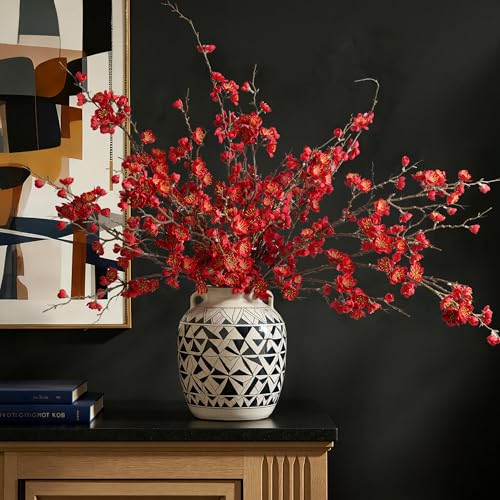 florisso 6 PCS Artificial Cherry Blossom Branches Spring Indoor Decoration, Faux Red Flowers 34.45" Long Stems Fake Plum Peach Plants Real Touch Silk for Wedding Home Bedroom Party Table Office - color: A-red