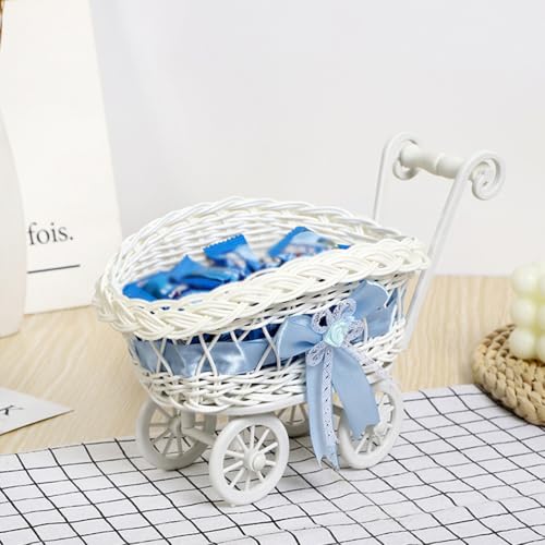 Cabilock Wicker-Look Baby Carriage Basket with Lid, Imitation Rattan Candy Basket for Baby Shower Centerpiece, Wedding Party Table Decor, 10.23 x 5.90 x 3.93 Inch