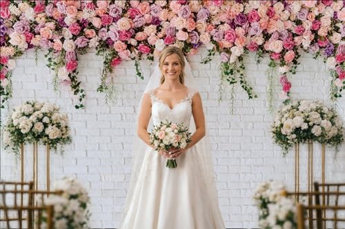 10x8ft White Brick Wall Flowers Background Spring Theme Photography Backdrop for Mother's Day Valentine Wedding Bridal Baby Shower Birthday Party Decor Banner Portrait Photo Booth Prop 134…… - size: 10x8ft