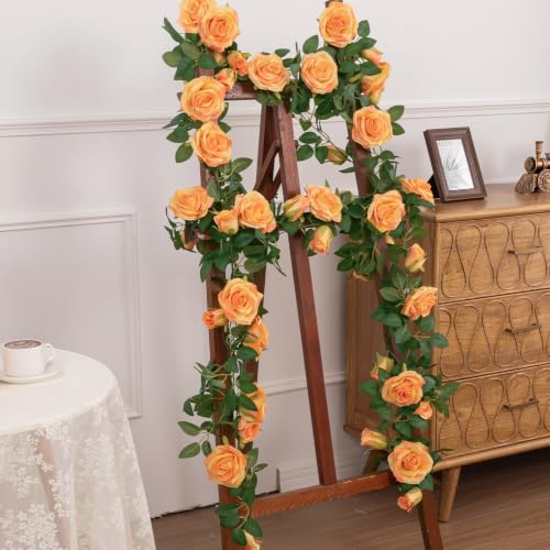 U'Artlines 3 Pack Artificial Orange Rose Vines Floral Garlands Total 19.5 Ft Fake Vine Silk Flower Garland for Indoor Outdoor Home Wedding Arch Garden Wall Decoration - color: Orange, size: Set of 3