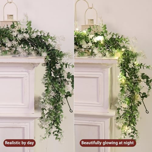RECUTMS Greenery Vines Garland 3 Pack Artifical Garland with Lights Hanging Greenery Table Garland Greenery Artificial Green Leaves for Mantel Wedding Backdrop Arch Wall Indoor Outdoor Decor(White) - color: White With Lights