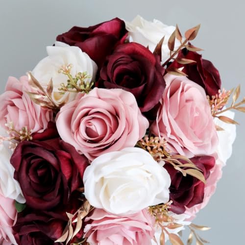 9.8 Inch Cascading Bridal Bouquet Waterfall Cascade Bridal Wedding Bouquet for Bride with Artificial Rose Flower Ribbon Rustic Burgundy and Blush Pink - color: Burgundy & Blush Pink