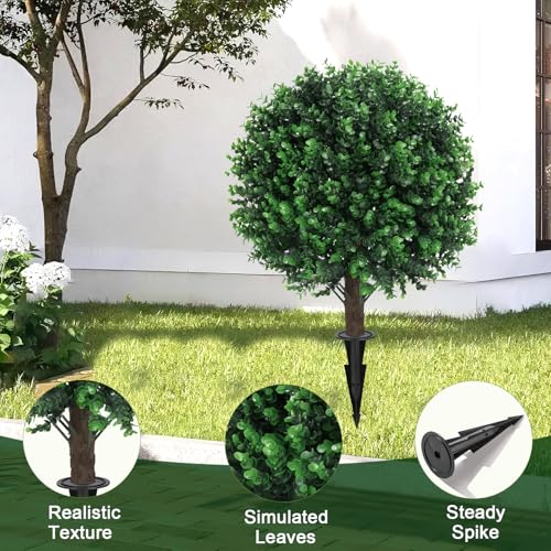 2PCS Faux Boxwood Plants Outdoor Artificial Topiary Ball Trees | Fake Eucalyptus Bush & Shrub / UV Resistant / No Fade / Sturdy Build / No Maintenance / with Spike / Front Porch Decor - color: Eucalyptus