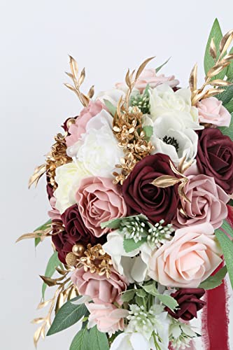 9 Inch Artificial Wedding Bouquets for Bride Bridal Bouquet Bridesmaid Bouquet Tossing Bouquet for Wedding Ceremony Anniversary Bridal Shower(Marsala & Blush) - color: Marsala & Blush