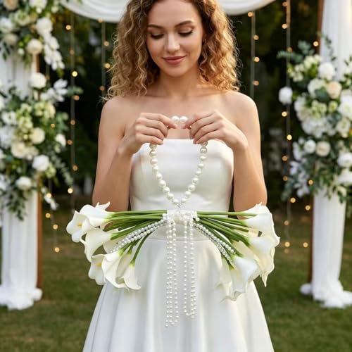20 Pcs Calla Lily Bridal Bouquet with Pearl Handle, Pearl Cascade Wedding Bouquet with Beaded Pearls, Elegant Bridal Flowers for Wedding Ceremony, Marriage, Party, Church, Bridesmaid Bouquet
