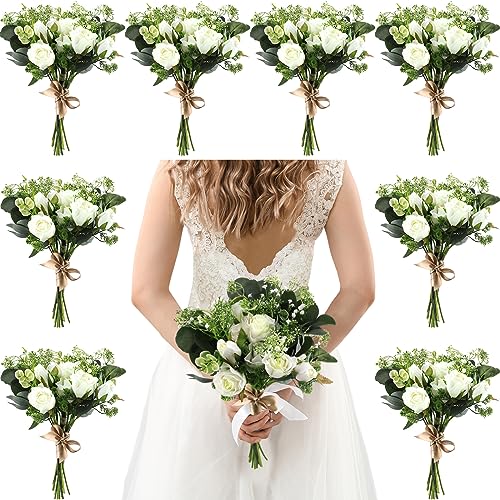 Set of 8 Bridesmaid Bouquets 7 Inch White Wedding Bouquets Faux Flowers Rustic Fake Floral Centerpieces for Bridal Marriage Proposal Party Anniversary Dining Table Ceremony (Eucalyptus)