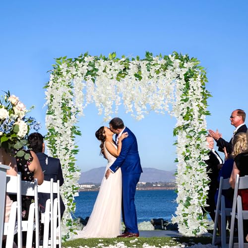 Sggvecsy 6Pcs Wisteria Garland Artificial Flowers Garland Fake Hanging Wisteria Vines Rattan Silk Hanging Flower Vines for Home Garden Outdoor Wedding Arch Party Ceremony Total 35.4Ft (White) - color: White