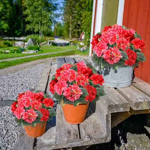 TURNMEON 2 Pack Artificial Geraniums Fake Flowers for Outdoors Summer Decoration, Silk Geraniums Flowers UV Resistant Faux Flower Potted Plants for Gardens Farmhouse Indoor Home Table Decor (Mixed) - color: Red and Rose Red