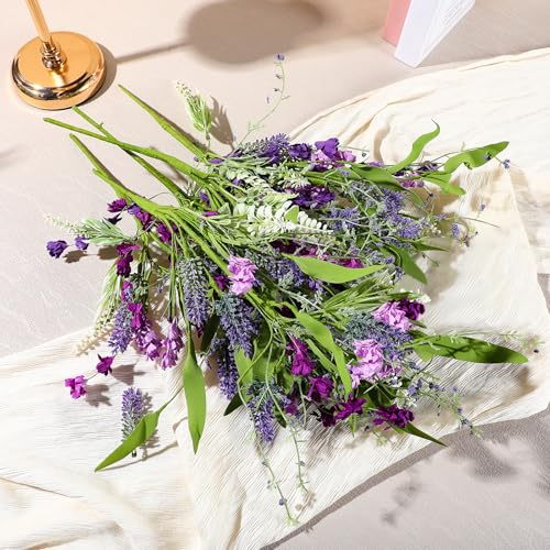 Giegxin 6 Bundles Fake Artificial Flowers Bouquet Spring Silk Flowers Arrangements Faux Wildflowers Bouquets Stems Fake Plants for Wedding Table Centerpiece Rustic Home Vase Floral Table(Lavender) - style: Lavender