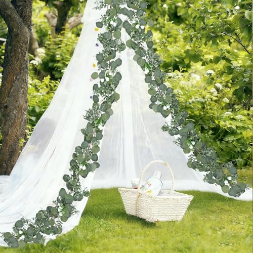 DEMIUKO 2PCS Artificial Eucalyptus Garland, 5.9FT Faux Greenery Garland with Silver Dollar Eucalyptus Leaves Fake Hanging Vines Summer Garlands for Wedding Arch Backdrop Table Wall Party Home Decor - size: 2PCS