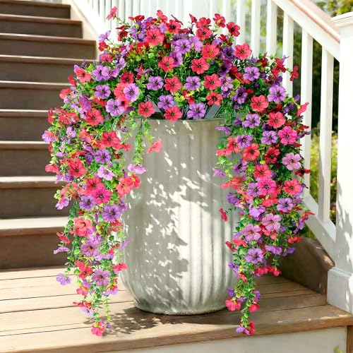 5PCS Artificial Faux Hanging Flowers Plants for Outdoor Decor,Fake Silk Daisy Flowers with Eucalyptus UV Resistant Realistic Vines for Home Porch Patio Balcony Yard Decor (Hot pink Fuchsia) - color: Hot Pink Fuchsia