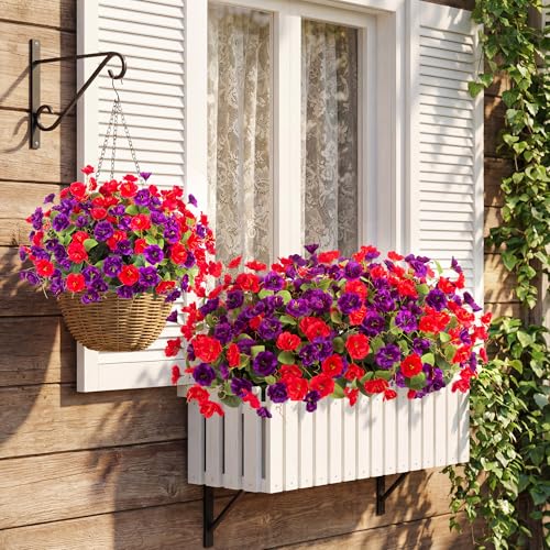Artificial Flowers for Outdoors, 6 Bundles Silk Fake Hibiscus Flowers for Spring Summer Decoration, UV Resistant Fake Plants Plastic Bouquet for Home Planter Porch Patio Yard Decor(Red Purple) - color: Red,purple