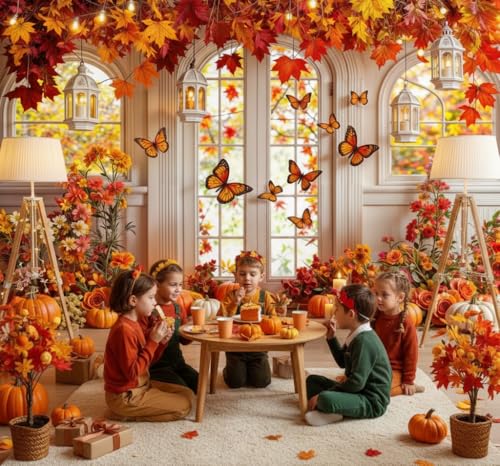 5X3ft Fall Butterfly Floral Backdrop for Photography Autumn Pumpkin Maple Butterfly Flowers Theme Girls Party Decorations Background Birthday Party Cake Table Decor Photo Booth Props - color: Multi5, size: 5x3ft