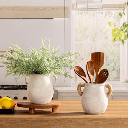 Ceramic Flower Vase Home Decor - 7.1 Inch White Rustic Table Flowers Vases Living Room Bedroom Plant Decoration Modern Farmhouse Vintage for Kitchen Shelf Office Coffee Dining Desk House Women - color: D-7.1"-with Hemp Rope