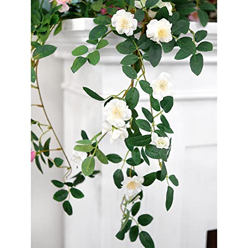 FiveSeasonStuff White Wild Rose Vine Garland, Two Faux Silk Floral Garlands with Greenery, Bendable Decorative Vines 12 ft Total - color: White