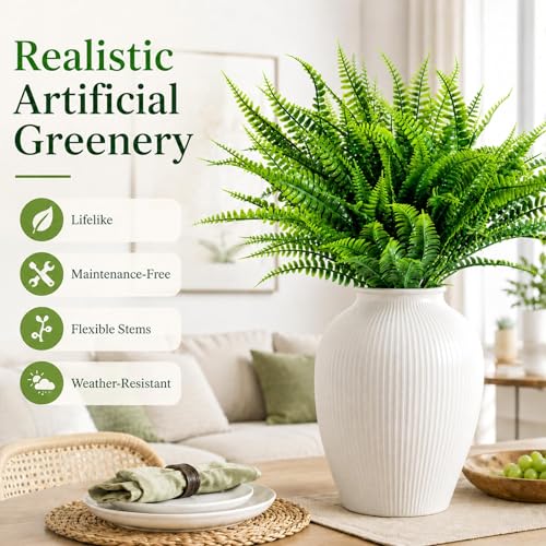 MAQIHAN 10 Pcs Fake Fern - Artificial Ferns for Outdoors - Faux Ferns for Outdoor Planter Large Outdoor Patio Decor Boston Fern Artificial Plants Faux Greenery Porch Decor