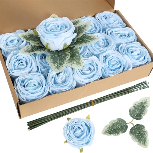 Artificial Roses,16PCS Light Blue Flowers 2.76" Austin Silk Roses Artificial Flowers Bulk for Wedding Bouquets Party Home Decor(Light Blue) - color: Light Blue