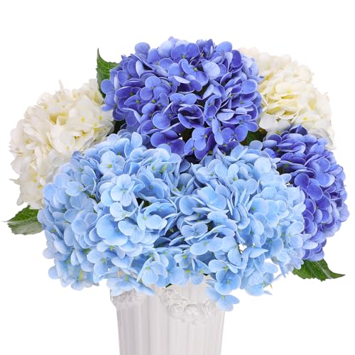 6 pcs Real Touch Hydrangea Artificial Flowers, 20 Inch Blue White Lifelike Fake Hydrangeas Bouquet with Bendable Stems & Leaves for Wedding Centerpieces, Home Decor, Vase Arrangements
