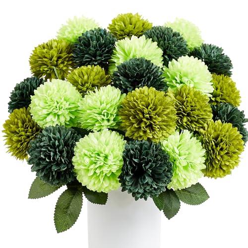 SITUMEIZI 12 Pcs Green Artificial Chrysanthemums Flowers Ball Flower Fake Mums Silk for St Patricks Day Wedding Home Kitchen Decoration Floral Arrangement Table Centerpiece(Light,Deep) - color: Green3, size: 12 Pieces