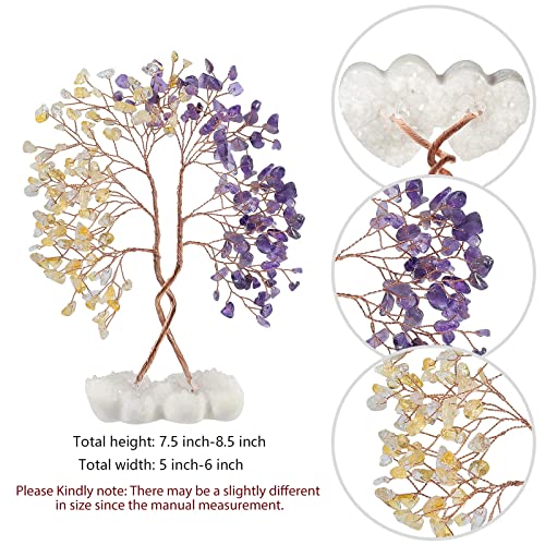 mookaitedecor Natural Citrine & Amethyst Crystal Tree with Double Heart Rock Quartz Crystal Cluster Stone Base Bonsai Money Tree of Life Home Wedding Decoration - color: Purple & Yellow