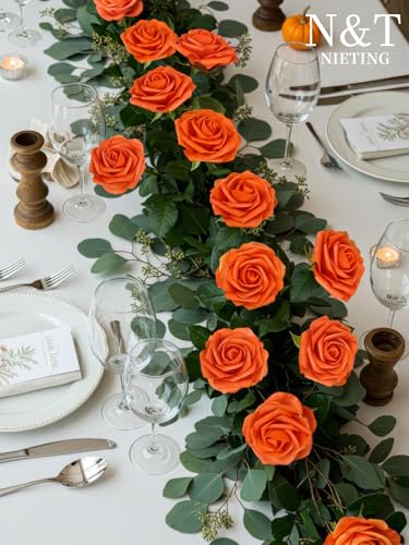 N&T NIETING Artificial Fall Flowers Fake Flowers Orange Roses Perfect for DIY Wedding Bridal Bouquets Centerpieces Bridal Shower Party Home Flower Arrangement Thanksgiving Decorations, 25Pcs - color: Burnt Orange, size: 25pcs