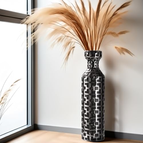 24.4 Inch Tall Floor Vase - Ceramics Black Vases with Silver Geometric Patterns, Large Cylinder Vases, Modern Home Decor for Living Room, Entryway, or Indoor Spaces - color: Black With Silver