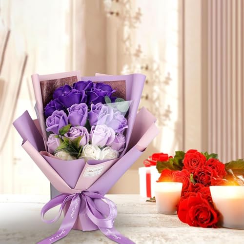 Roses Bouquet Artificial Flower - Preserved Red Rose Flowers with Love Necklace for Her Unique Gift for Birthday, Valentine's Day, Mother's Day, Thanksgiving, Christmas, Anniversary (Purple and White) - color: Purple and White