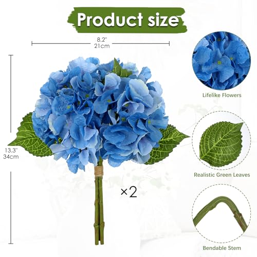 Hollyone Blue Hydrangea Artificial Flowers 6pcs Large Real Touch Faux Hydrangeas Silk Flowers Bouquets Fake Flower with Stems for Home Decor Indoor Wedding Kitchen Centerpiece Table Decorations - color: Blue