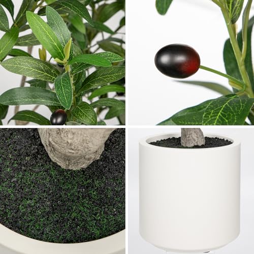 Hollyone Faux Olive Tree 7Feet Tall Fake Olive Tree 7FT with Pot Indoor Lifelike Wood Trunk and Fruits Large Potted Artificial Tree Plant with Tall Ceramics Pot Planter Housewarming Home Decor Gift - color: Green - 6.7 Ft