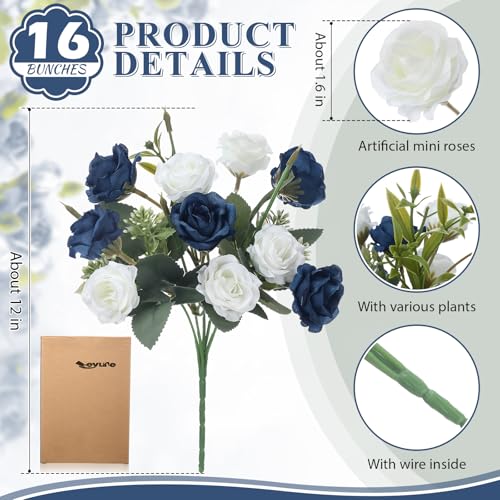 Zeyune 16 Bunches 12 Inch Artificial Mini Rose Bouquet 160 Heads Bridal Flower Bouquets Fake Silk Rose Bulk for Valentine's Day Wedding Bridal Shower Home Office Garden(Dark Blue and White) - color: Dark Blue and White