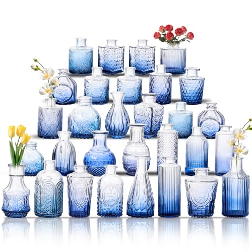 Glass Bud Vase Set of 30, Small Flower Vases, Glass Vases for Centerpieces, Vintage Home Table Decorations Bud Vases (30 Pcs, Blue) - color: Blue, size: 30 Pcs