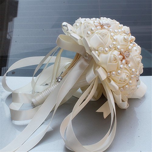 USIX Handcraft Popular Satin Rose Rhinestone Brooch Flower Pearl Bridal Holding Wedding Bouquet Wedding Flower Arrangements Bridesmaid Bouquet(Ivory) - color: Ivory