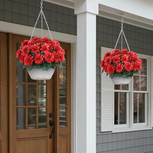 VIERENA 8 Bundles Artificial Dahlia Flowers for Outdoors Spring Summer Decor, No Fade Silk Flower Faux Dahlias Plant Arrangement for Home Garden Balcony Farmhouse（Red） - color: Red