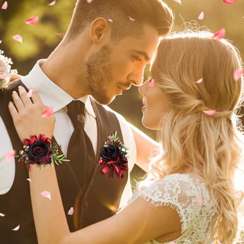 2 Pcs Wine Red Rose Wrist Corsage and Boutonniere Set, Rose Corsage Hand for Women, Boutonniere for Men Wedding Artificial Flowers Accessories Prom Decor, Party Accessories (Wine Red) - color: Wine Red