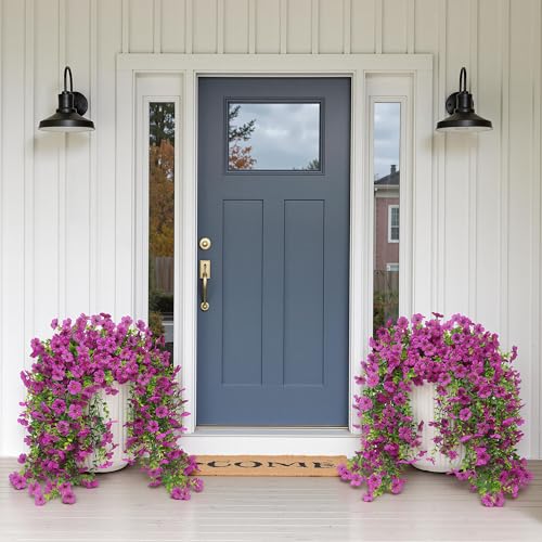 Artificial Fake Hanging Flowers Plants Spring Summer Decoration for Outdoor, 4PCS Faux Silk Daisy Flowers with Eucalyptus Leaves UV Resistant Realistic Planter Porch Patio Balcony Yard Decor (Purple) - color: Purple