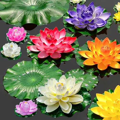 19pcs Realistic Floating Foam Lotus Flowers and Lotus Leaves, Artificial Lotus Flowers Water Lilies for Pond Pool, 4" and 6" Large Beautiful Lifelike Water Lilies for Fountain Garden Decoration - color: 19 Colourful