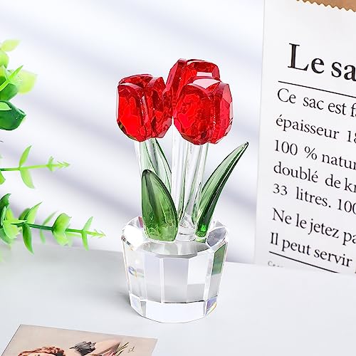 Qianwei Crystal Tulips Flowers Figurine Red with Vase - Glass Flower Bouquet Collectible Figurines Crystal Office Home Decor Paperweight - Tulip Gifts for Women Mom Bestfriend Wedding Anniversary - color: Red Tulip